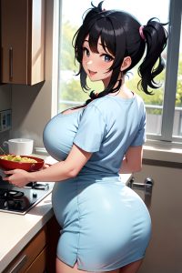 anime,pregnant,huge boobs,18 age,happy face,black hair,pigtails hair style,light skin,soft anime,hospital,back view,cooking,mini skirt