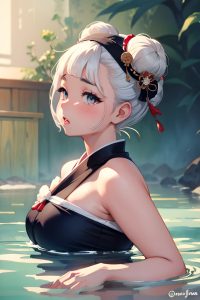 anime,chubby,small tits,50s age,shocked face,white hair,hair bun hair style,dark skin,watercolor,stage,close-up view,bathing,geisha