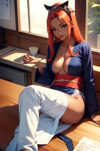 anime,skinny,small tits,60s age,serious face,ginger,straight hair style,dark skin,warm anime,office,close-up view,jumping,geisha