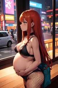 anime,pregnant,small tits,20s age,sad face,ginger,straight hair style,dark skin,cyberpunk,restaurant,side view,plank,fishnet