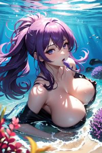 anime,busty,huge boobs,40s age,seductive face,purple hair,messy hair style,light skin,black and white,underwater,front view,eating,teacher
