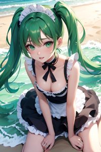 anime,skinny,small tits,50s age,orgasm face,green hair,pigtails hair style,light skin,illustration,beach,close-up view,cumshot,maid