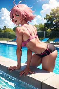anime,muscular,small tits,30s age,laughing face,pink hair,messy hair style,dark skin,crisp anime,pool,side view,bending over,bra