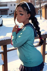 anime,chubby,small tits,20s age,pouting lips face,brunette,braided hair style,dark skin,comic,snow,side view,yoga,schoolgirl