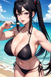 anime,muscular,huge boobs,30s age,happy face,black hair,pigtails hair style,light skin,skin detail (beta),oasis,front view,eating,bikini
