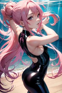 anime,skinny,small tits,30s age,seductive face,pink hair,hair bun hair style,light skin,dark fantasy,underwater,back view,working out,latex