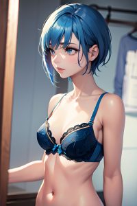 anime,skinny,small tits,20s age,sad face,blue hair,pixie hair style,light skin,skin detail (beta),changing room,side view,on back,bra