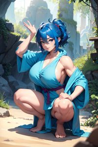 anime,muscular,huge boobs,30s age,happy face,blue hair,messy hair style,light skin,illustration,cave,front view,squatting,bathrobe