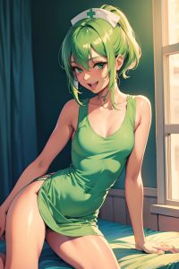 anime,skinny,small tits,60s age,laughing face,green hair,pixie hair style,dark skin,watercolor,hospital,side view,straddling,nurse