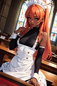 anime,skinny,small tits,70s age,ahegao face,ginger,straight hair style,dark skin,dark fantasy,church,close-up view,working out,maid