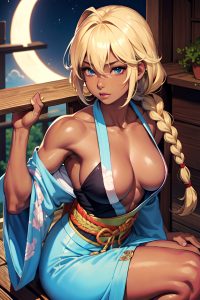 anime,muscular,small tits,80s age,seductive face,blonde,braided hair style,dark skin,vintage,moon,close-up view,plank,kimono