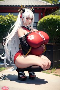 anime,pregnant,huge boobs,20s age,pouting lips face,white hair,straight hair style,dark skin,comic,party,front view,squatting,geisha