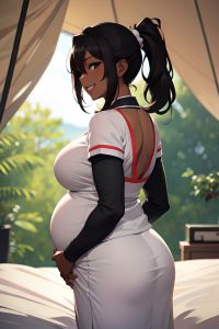 anime,pregnant,huge boobs,30s age,laughing face,ginger,ponytail hair style,dark skin,charcoal,tent,back view,cumshot,nurse