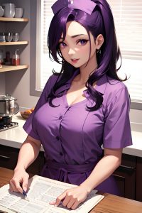 anime,busty,small tits,40s age,seductive face,purple hair,slicked hair style,dark skin,warm anime,kitchen,side view,gaming,nurse