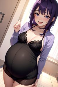 anime,pregnant,small tits,30s age,laughing face,purple hair,bangs hair style,light skin,black and white,yacht,close-up view,bending over,bra
