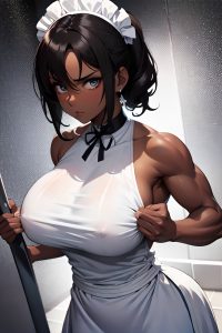 anime,muscular,huge boobs,20s age,serious face,brunette,pixie hair style,dark skin,black and white,shower,close-up view,working out,maid