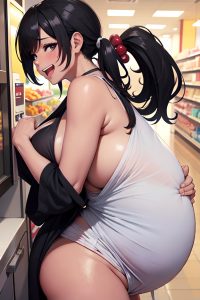 anime,pregnant,huge boobs,70s age,laughing face,black hair,ponytail hair style,dark skin,charcoal,grocery,back view,cumshot,bathrobe