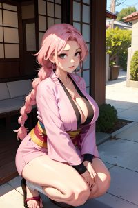 anime,skinny,huge boobs,40s age,serious face,pink hair,braided hair style,dark skin,warm anime,restaurant,front view,squatting,kimono