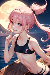 anime,skinny,small tits,20s age,happy face,pink hair,pigtails hair style,light skin,crisp anime,moon,side view,plank,bikini
