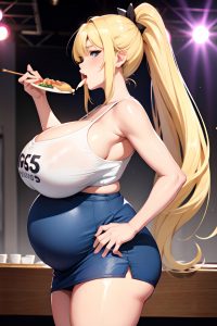 anime,pregnant,huge boobs,18 age,ahegao face,blonde,ponytail hair style,light skin,watercolor,stage,side view,eating,mini skirt