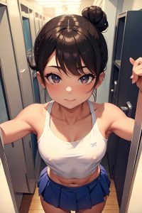 anime,muscular,small tits,60s age,happy face,brunette,hair bun hair style,dark skin,mirror selfie,locker room,close-up view,straddling,mini skirt