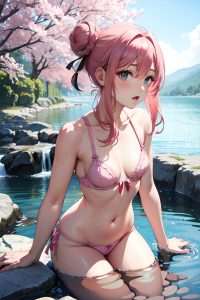 anime,busty,small tits,20s age,shocked face,pink hair,hair bun hair style,dark skin,watercolor,lake,front view,eating,lingerie