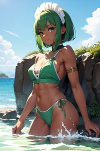 anime,muscular,small tits,60s age,happy face,green hair,bangs hair style,dark skin,painting,yacht,side view,bathing,maid