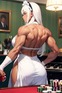 anime,muscular,huge boobs,18 age,sad face,white hair,straight hair style,dark skin,comic,casino,back view,cooking,maid