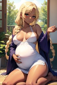 anime,pregnant,small tits,20s age,seductive face,blonde,braided hair style,dark skin,soft anime,wedding,front view,straddling,bathrobe