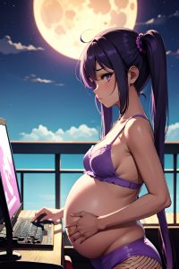anime,pregnant,small tits,80s age,sad face,purple hair,pigtails hair style,dark skin,crisp anime,moon,side view,gaming,fishnet