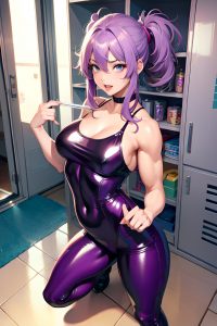 anime,muscular,small tits,80s age,ahegao face,purple hair,messy hair style,light skin,watercolor,locker room,front view,cumshot,latex