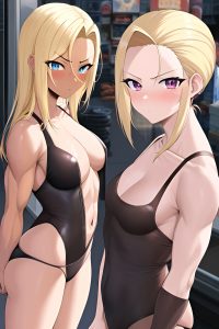 anime,muscular,small tits,30s age,shocked face,blonde,slicked hair style,dark skin,cyberpunk,grocery,close-up view,jumping,teacher