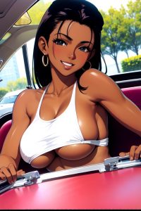 anime,skinny,huge boobs,70s age,laughing face,brunette,slicked hair style,dark skin,film photo,car,close-up view,bathing,nurse