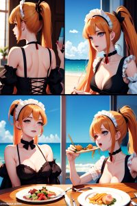 anime,skinny,small tits,70s age,ahegao face,ginger,ponytail hair style,light skin,dark fantasy,party,back view,eating,maid