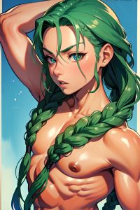 anime,muscular,small tits,20s age,shocked face,green hair,braided hair style,dark skin,watercolor,prison,back view,massage,schoolgirl