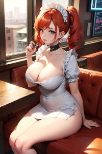 anime,chubby,small tits,20s age,pouting lips face,ginger,pixie hair style,light skin,cyberpunk,cafe,front view,straddling,maid