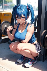 anime,muscular,small tits,20s age,seductive face,blue hair,pigtails hair style,dark skin,soft anime,gym,close-up view,squatting,schoolgirl