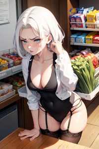 anime,busty,small tits,60s age,angry face,white hair,slicked hair style,dark skin,dark fantasy,grocery,close-up view,massage,stockings