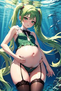 anime,pregnant,small tits,18 age,pouting lips face,green hair,pigtails hair style,dark skin,comic,underwater,front view,cumshot,stockings