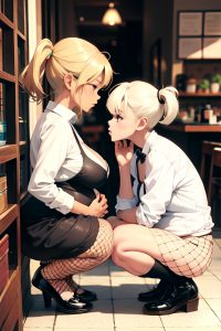 anime,pregnant,small tits,80s age,serious face,blonde,pixie hair style,dark skin,black and white,cafe,side view,squatting,fishnet