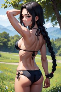 anime,muscular,small tits,40s age,pouting lips face,black hair,braided hair style,dark skin,charcoal,meadow,back view,cumshot,bikini