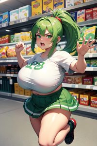 anime,chubby,huge boobs,18 age,angry face,green hair,ponytail hair style,light skin,film photo,grocery,front view,jumping,mini skirt