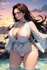 anime,chubby,huge boobs,20s age,angry face,ginger,slicked hair style,dark skin,crisp anime,hot tub,side view,jumping,bathrobe