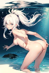 anime,skinny,small tits,20s age,happy face,white hair,messy hair style,dark skin,watercolor,underwater,back view,bending over,nude