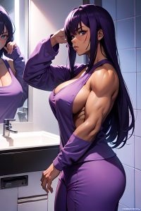 anime,muscular,huge boobs,18 age,sad face,purple hair,messy hair style,dark skin,cyberpunk,bathroom,side view,t-pose,pajamas