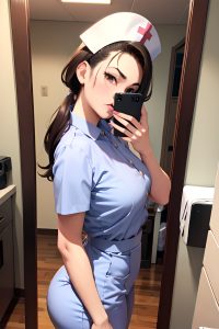 anime,busty,small tits,50s age,pouting lips face,brunette,slicked hair style,dark skin,mirror selfie,office,side view,on back,nurse