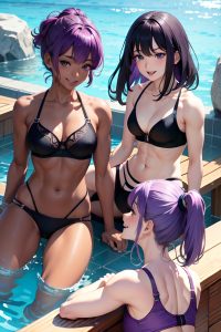 anime,muscular,small tits,60s age,laughing face,purple hair,slicked hair style,dark skin,charcoal,pool,front view,plank,bra