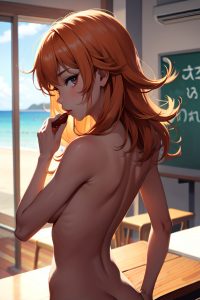 anime,skinny,small tits,70s age,pouting lips face,ginger,messy hair style,dark skin,crisp anime,restaurant,back view,eating,nude