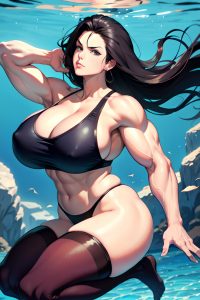 anime,muscular,huge boobs,70s age,serious face,black hair,slicked hair style,light skin,film photo,underwater,close-up view,jumping,stockings