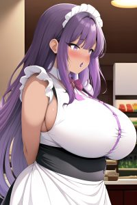 anime,chubby,huge boobs,70s age,shocked face,purple hair,straight hair style,dark skin,black and white,grocery,side view,eating,maid